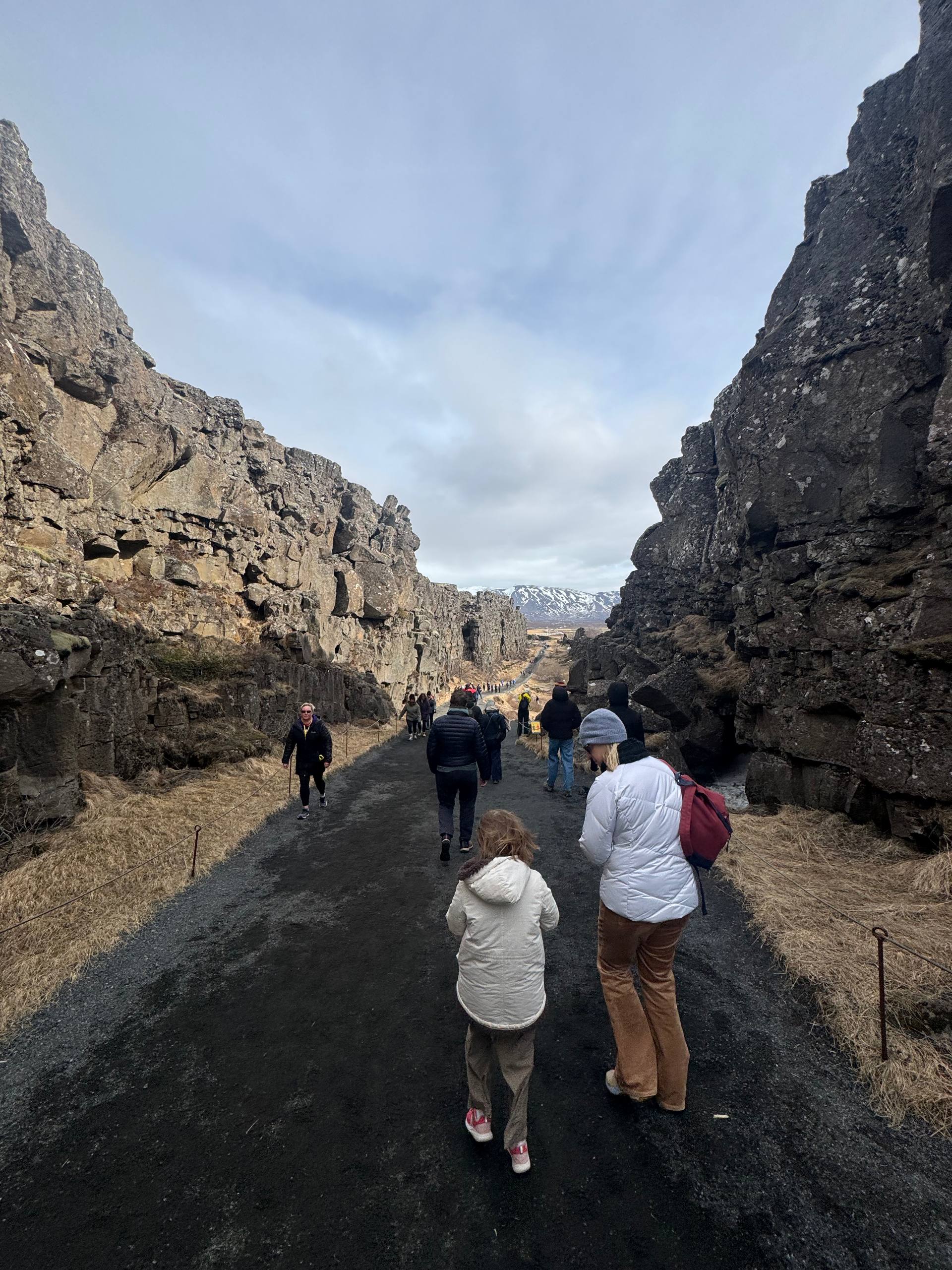 Family-friendly hike through Almannagjá Gorge with kids walking along the path between tectonic plates during a Day Trips From Reykjavik tour with our agency