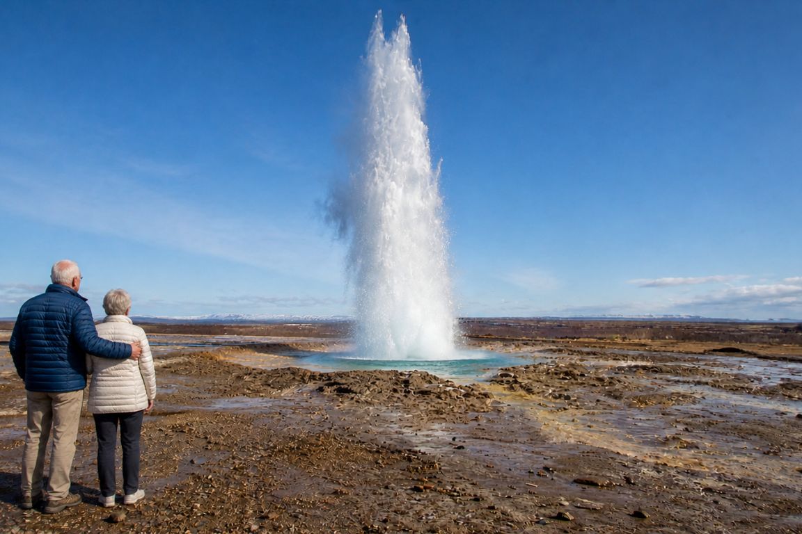 Visitors enjoying a dramatic geyser eruption in the Geysir geothermal area in Iceland during a Day Trips From Reykjavik tour with our agency