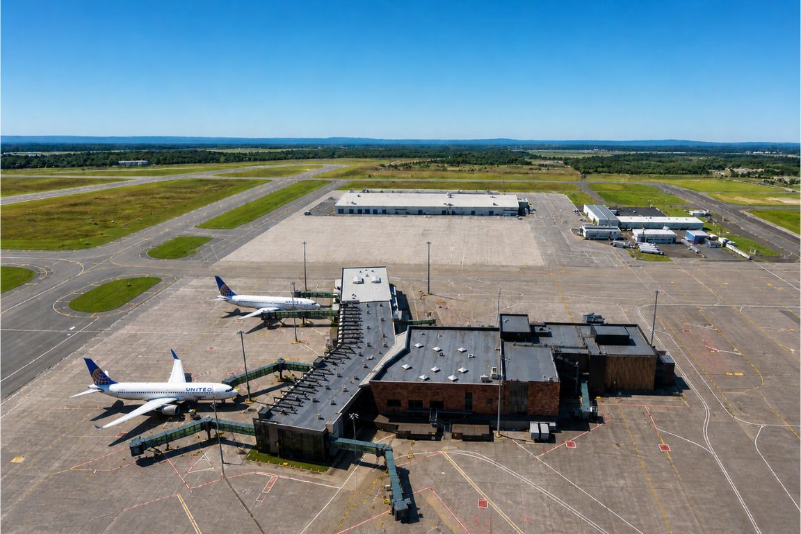 Keflavík International Airport runway and terminal area with parked aircraft seen during a Day Trips From Reykjavik experience with our agency