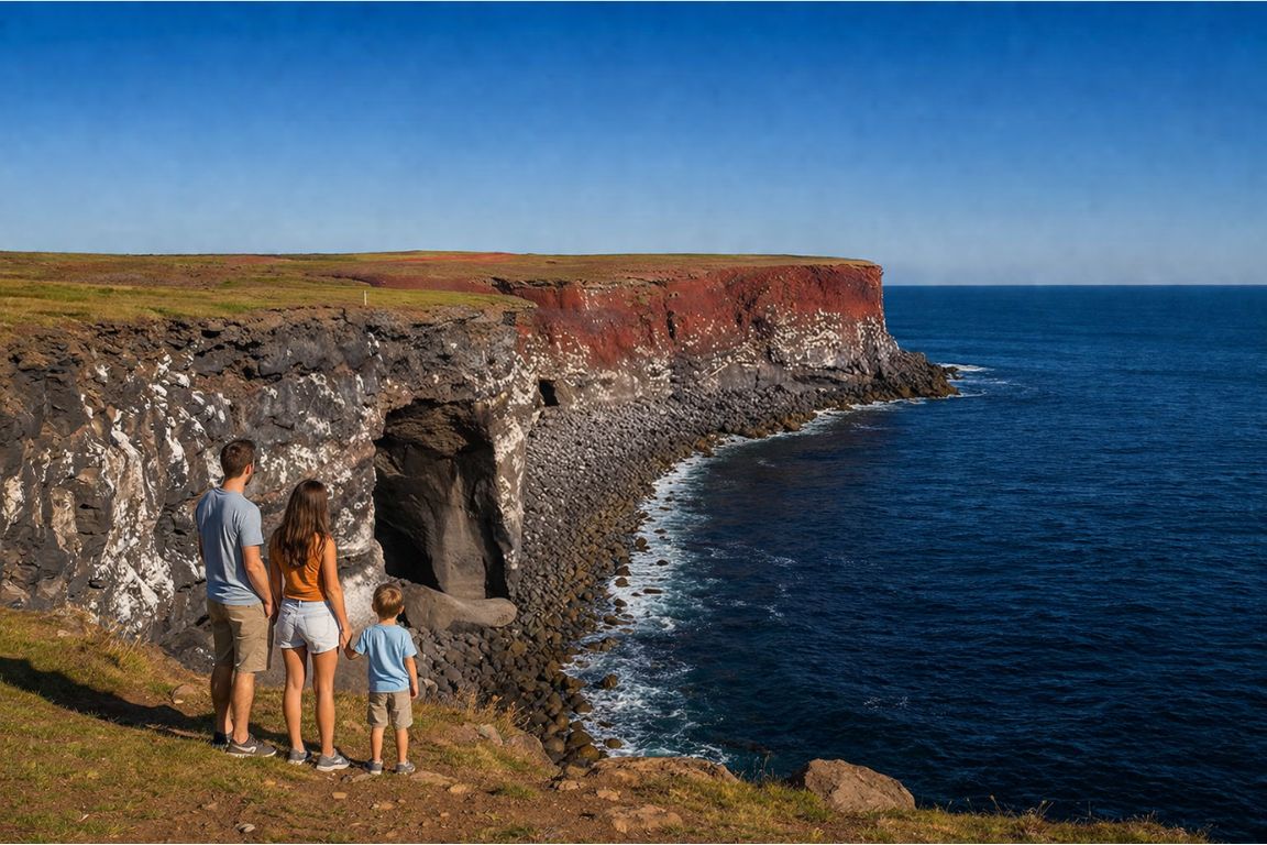 Reykjanes Peninsula coastline with rugged cliffs, ocean views, and family enjoying the scenery during a Day Trips From Reykjavik experience with our agency