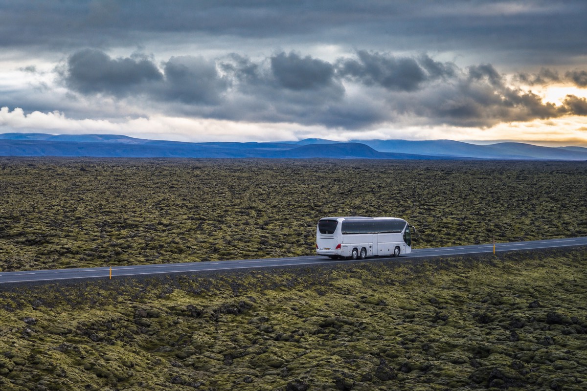 The road between Keflavík International Airport and Reykjavik crossing the lava fields of the Reykjanes Peninsula