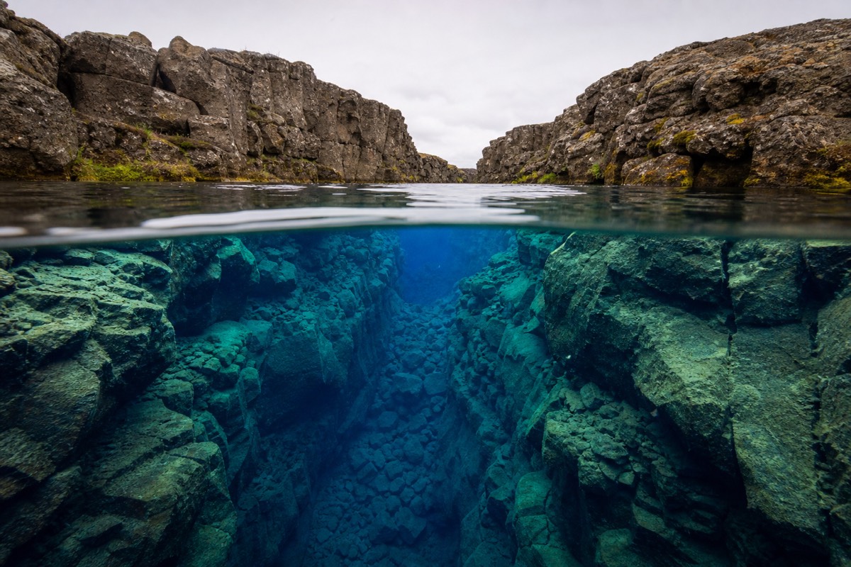 A snorkeler floating in the clear glacial water of the Silfra fissure at Thingvellir