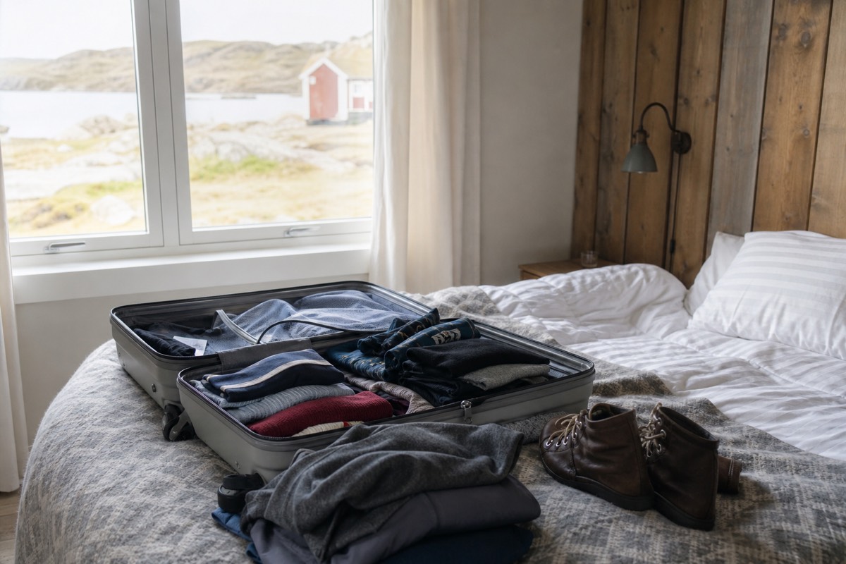 Open suitcase packed for an Iceland day trip with waterproof layers, a daypack and a refillable water bottle