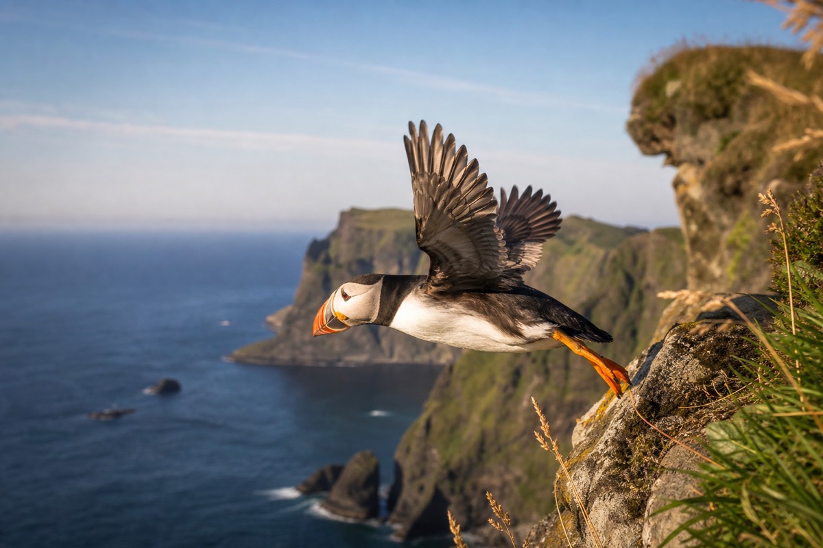 Atlantic puffin standing on a grassy sea cliff in Iceland during the summer nesting season