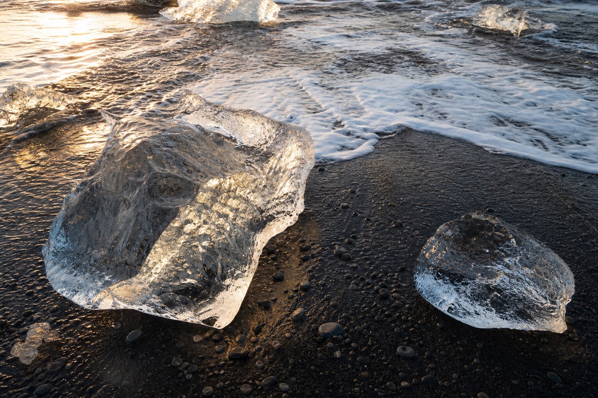Glacier ice washed onto Diamond Beach